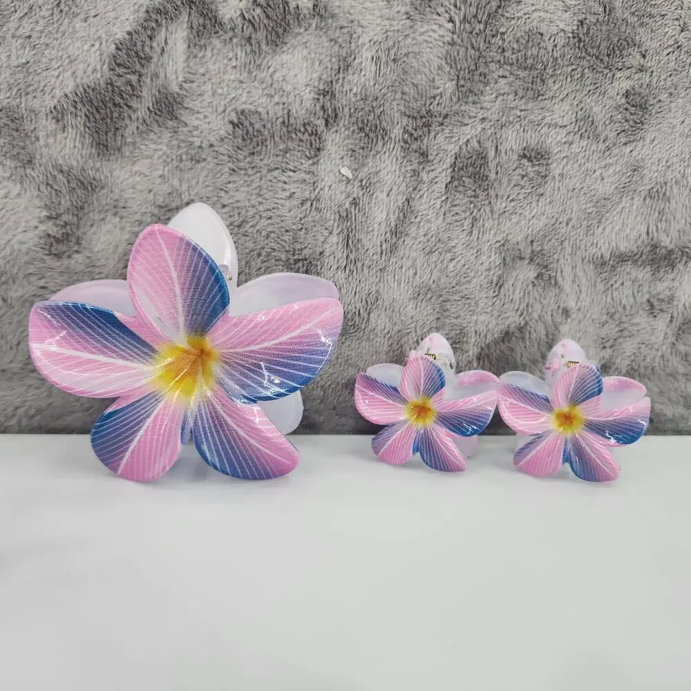 3 pc Hawaiian Flower Claw Clip Set - Hair Accessories Purple & Pink Plumeria